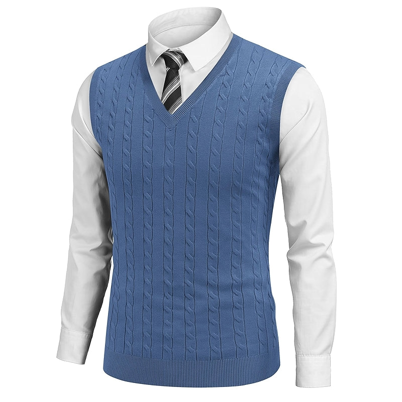 Sweater Vest V Neck Slim Fit Cable Knitted Sleeveless Pullover