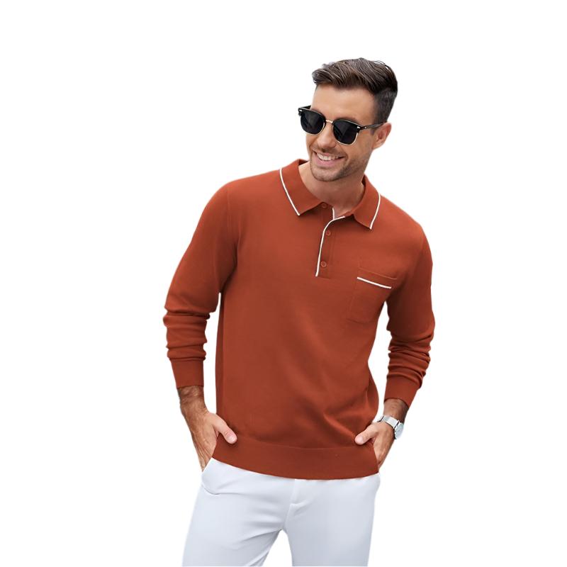 Knit Polo Long Sleeve Collared Sweater Casual Top With Pocket