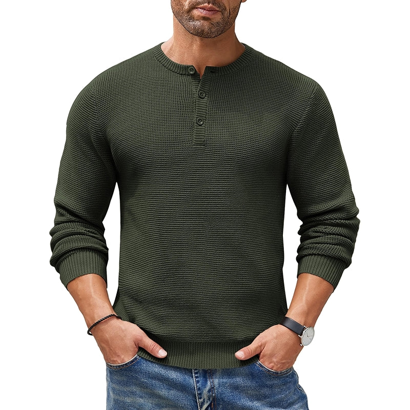 Henley Knit Sweater Long Sleeve Button Pullover Casual