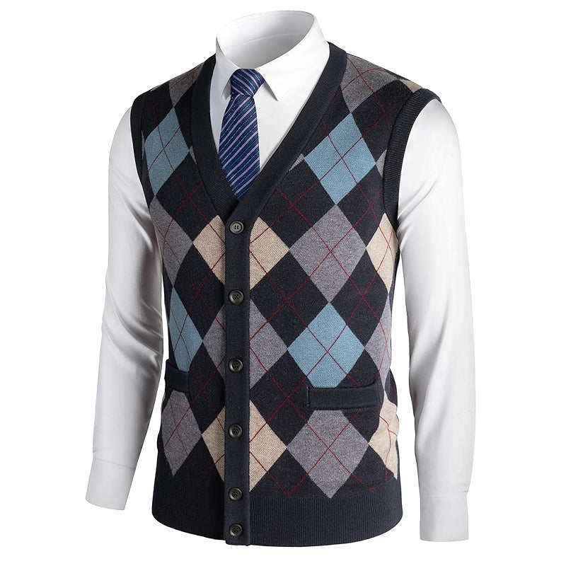 Thick Argyle Sweater Vest Classic V Neck Knitwear Sleeveless Pullover