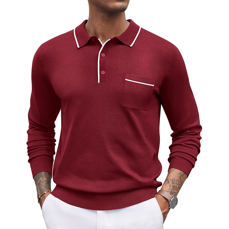 Knit Polo Long Sleeve Collared Sweater Casual Top With Pocket