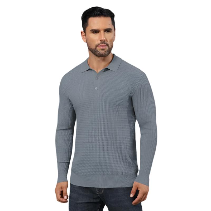 Long Sleeve Polo Sweater Waffle Textured Casual Knit Pullover