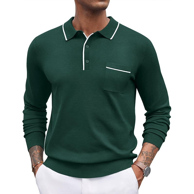 Knit Polo Long Sleeve Collared Sweater Casual Top With Pocket