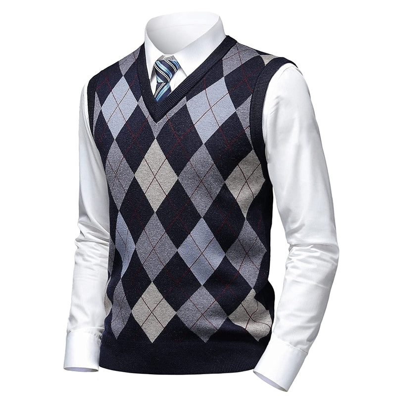 Thick Argyle Sweater Vest Classic V Neck Knitwear Sleeveless Pullover