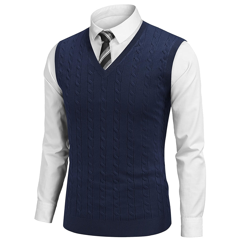 Sweater Vest V Neck Slim Fit Cable Knitted Sleeveless Pullover
