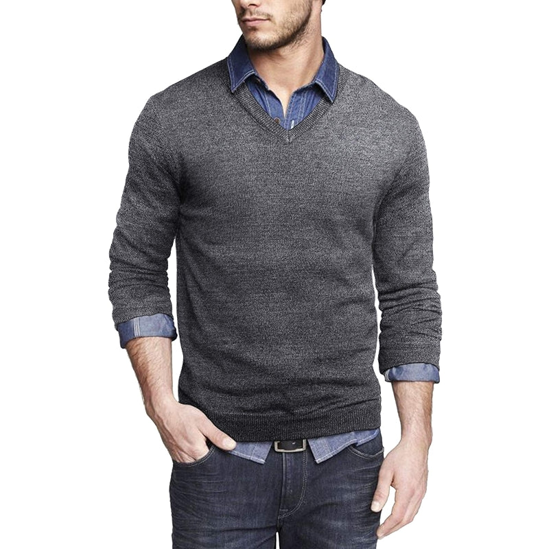 Casual V Neck Sweater Ribbed Knit Slim Fit Long Sleeve Pullover