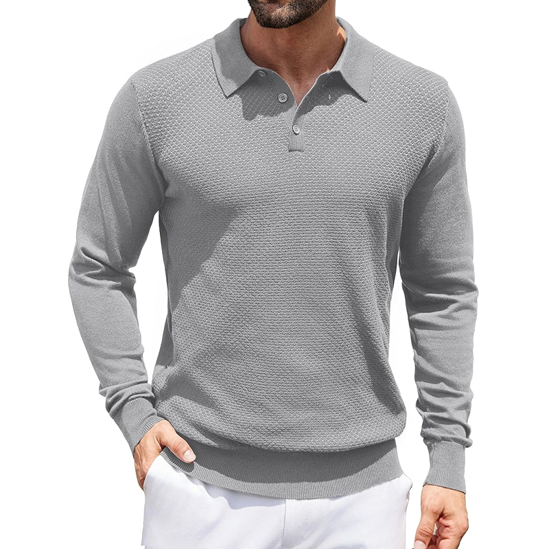 Knit Polo Sweater Long Sleeve Casual Collared Quarter Button