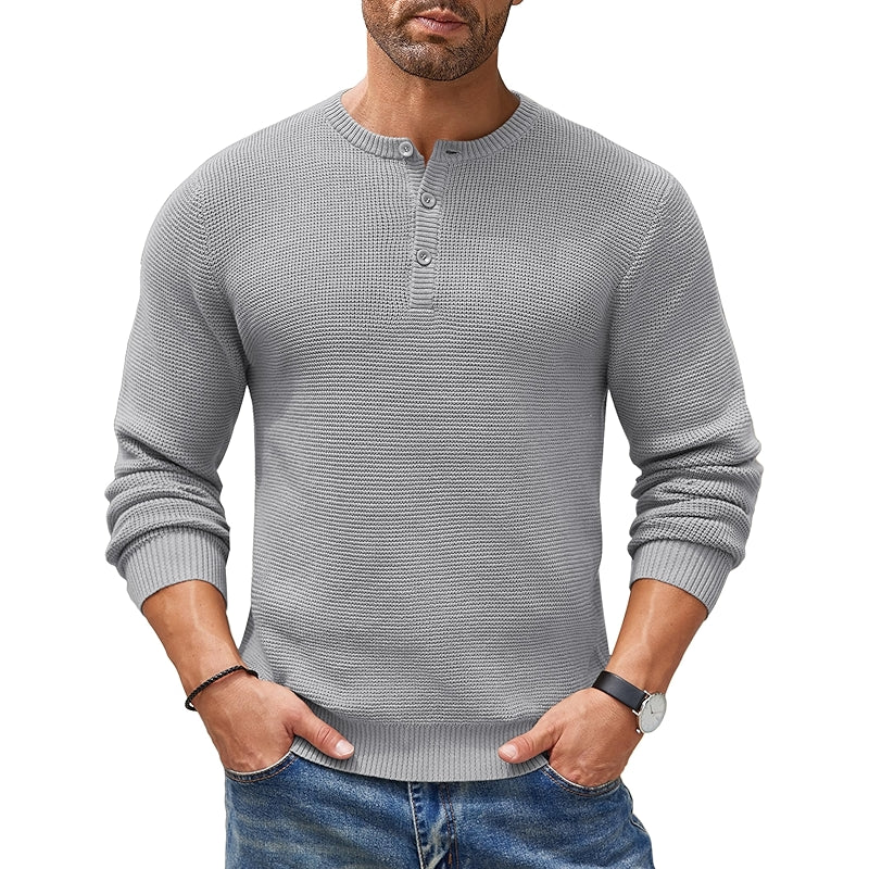 Henley Knit Sweater Long Sleeve Button Pullover Casual