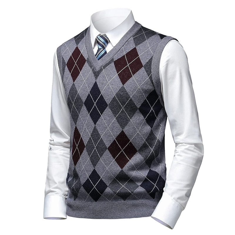 Thick Argyle Sweater Vest Classic V Neck Knitwear Sleeveless Pullover