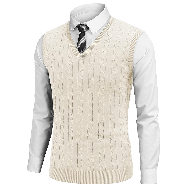 Sweater Vest V Neck Slim Fit Cable Knitted Sleeveless Pullover