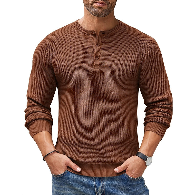 Henley Knit Sweater Long Sleeve Button Pullover Casual