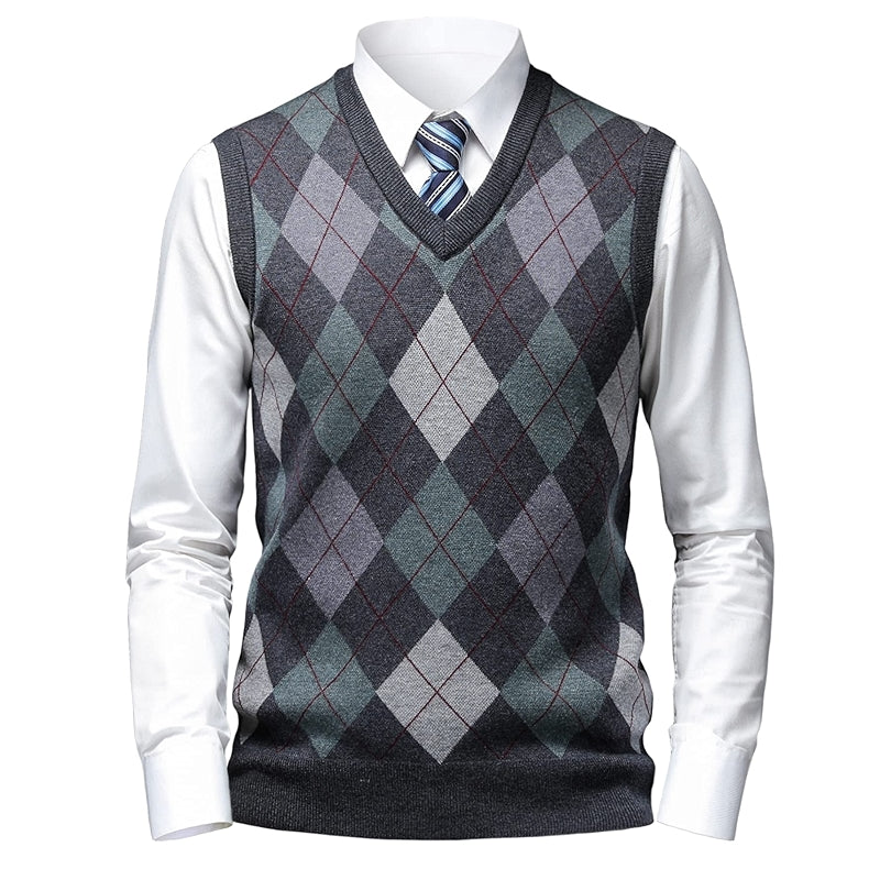 Thick Argyle Sweater Vest Classic V Neck Knitwear Sleeveless Pullover
