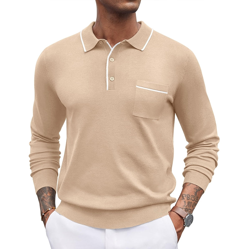 Knit Polo Long Sleeve Collared Sweater Casual Top With Pocket