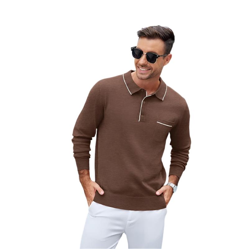 Knit Polo Long Sleeve Collared Sweater Casual Top With Pocket