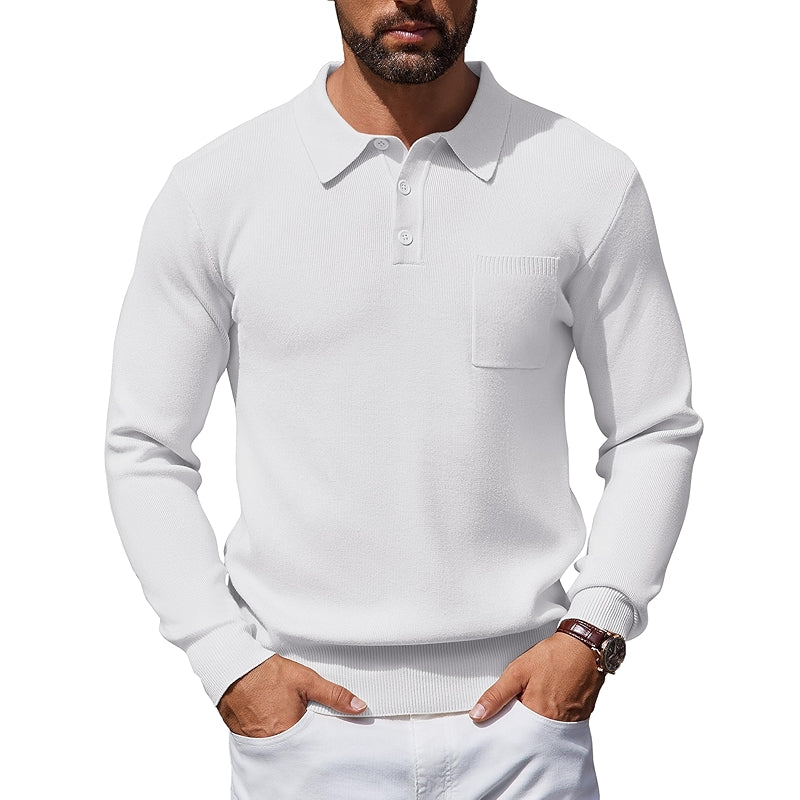 Long Sleeve Polo Sweater Knit Casual Thermal Pullover With Pocket