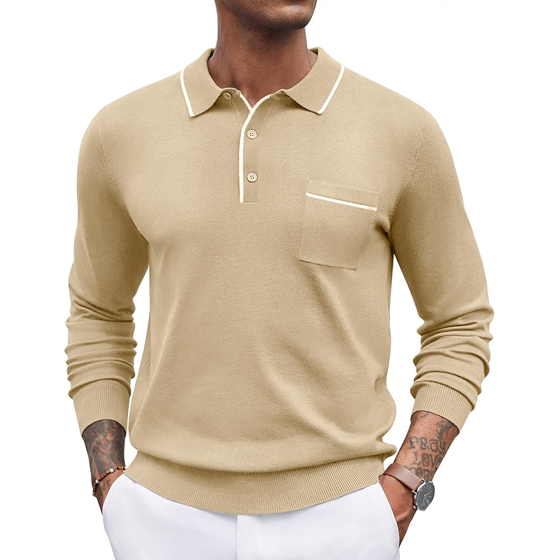 Knit Polo Long Sleeve Collared Sweater Casual Top With Pocket