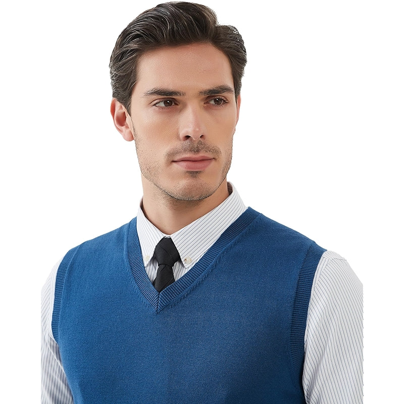 Pure Cotton Sweater Vest V Neck Regular Fit Knit Sleeveless Pullover