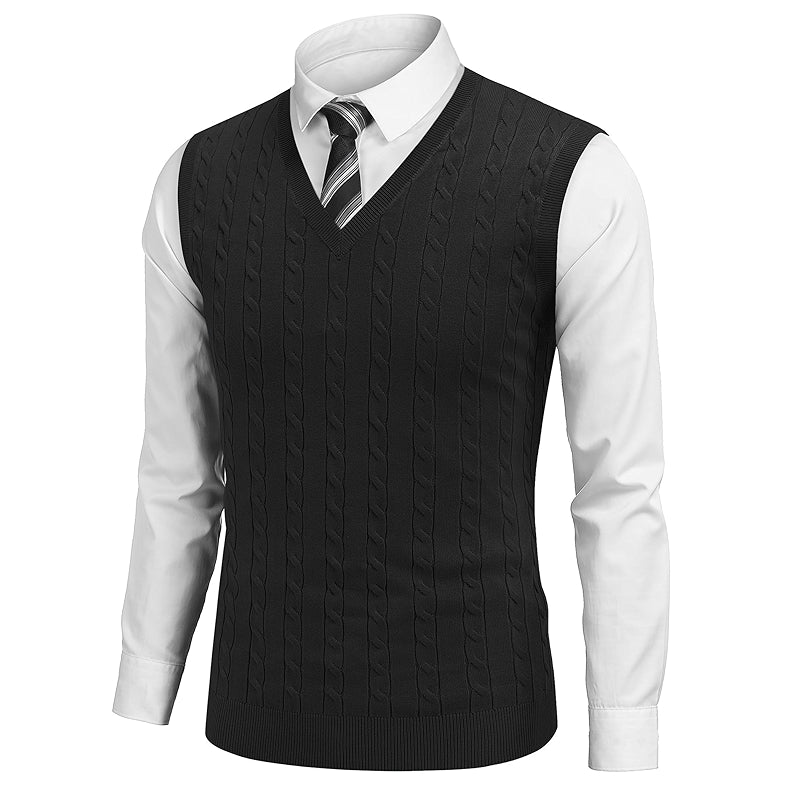 Sweater Vest V Neck Slim Fit Cable Knitted Sleeveless Pullover