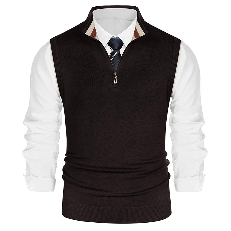 Sweater Vest Quarter Zip Stand Collar Contrast Stripes Knitwear