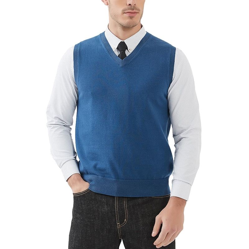 Pure Cotton Sweater Vest V Neck Regular Fit Knit Sleeveless Pullover