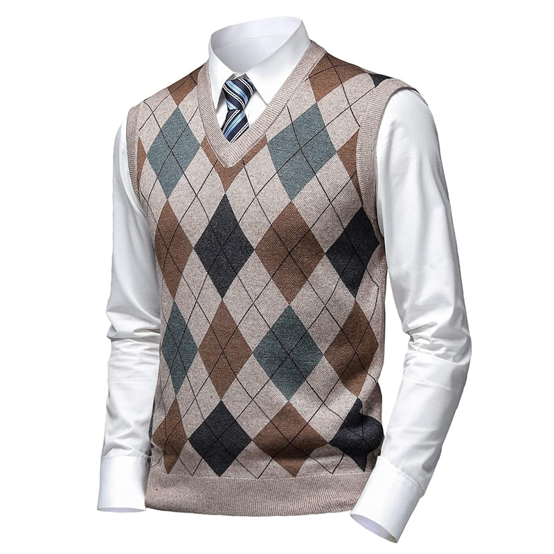 Thick Argyle Sweater Vest Classic V Neck Knitwear Sleeveless Pullover