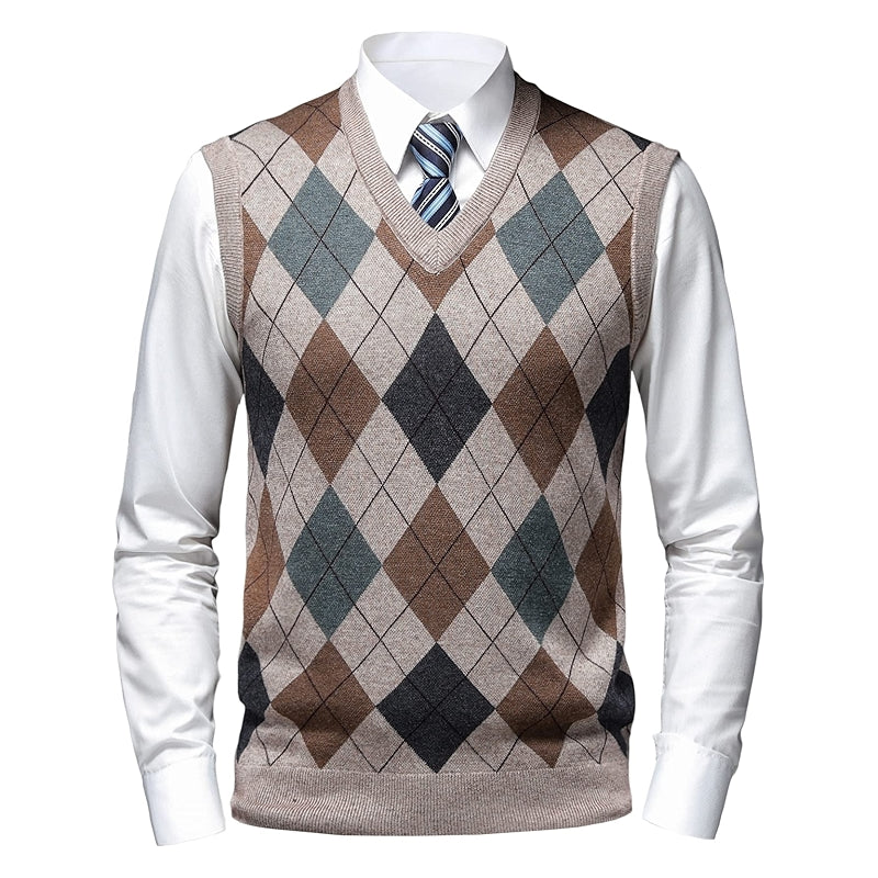 Thick Argyle Sweater Vest Classic V Neck Knitwear Sleeveless Pullover