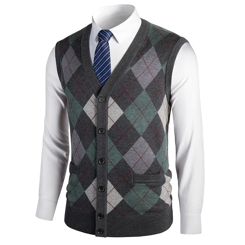 Thick Argyle Sweater Vest Classic V Neck Knitwear Sleeveless Pullover