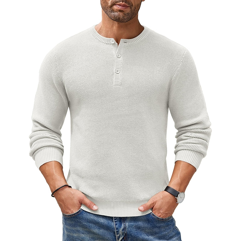 Henley Knit Sweater Long Sleeve Button Pullover Casual