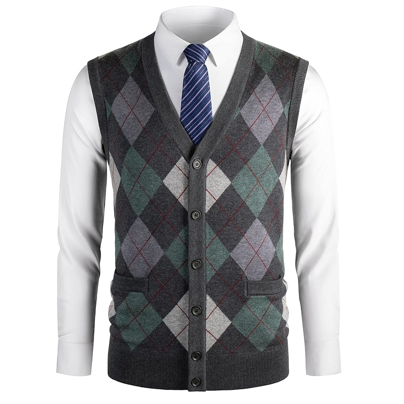 Thick Argyle Sweater Vest Classic V Neck Knitwear Sleeveless Pullover