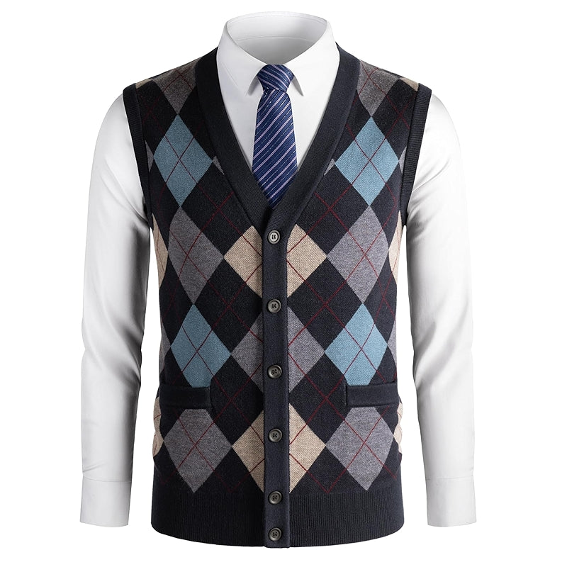 Thick Argyle Sweater Vest Classic V Neck Knitwear Sleeveless Pullover