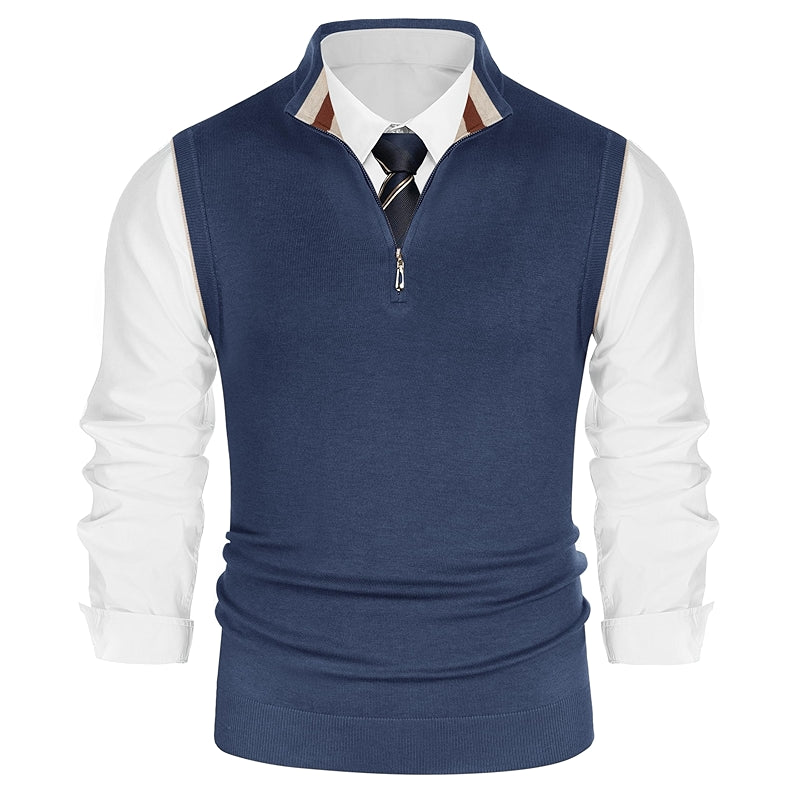 Sweater Vest Quarter Zip Stand Collar Contrast Stripes Knitwear