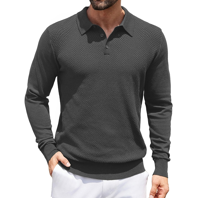 Knit Polo Sweater Long Sleeve Casual Collared Quarter Button