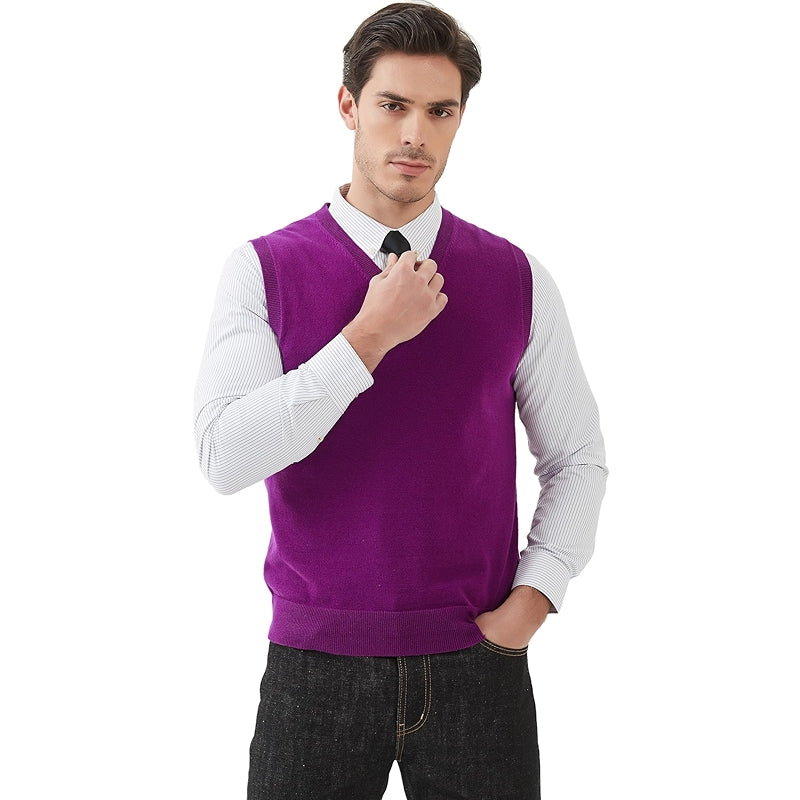 Pure Cotton Sweater Vest V Neck Regular Fit Knit Sleeveless Pullover