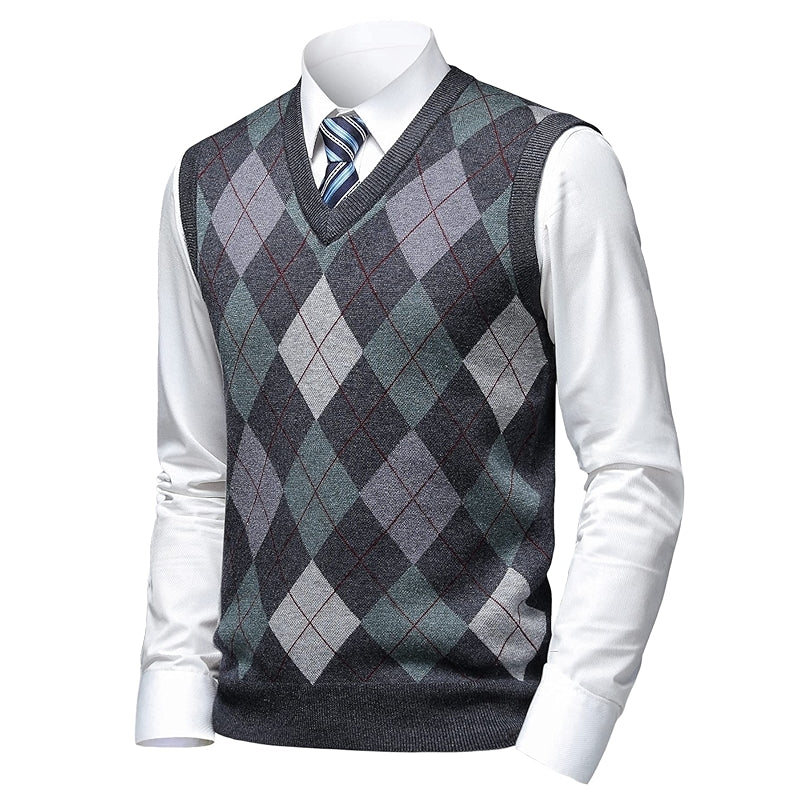 Thick Argyle Sweater Vest Classic V Neck Knitwear Sleeveless Pullover