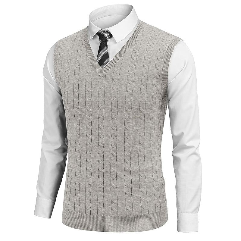 Sweater Vest V Neck Slim Fit Cable Knitted Sleeveless Pullover