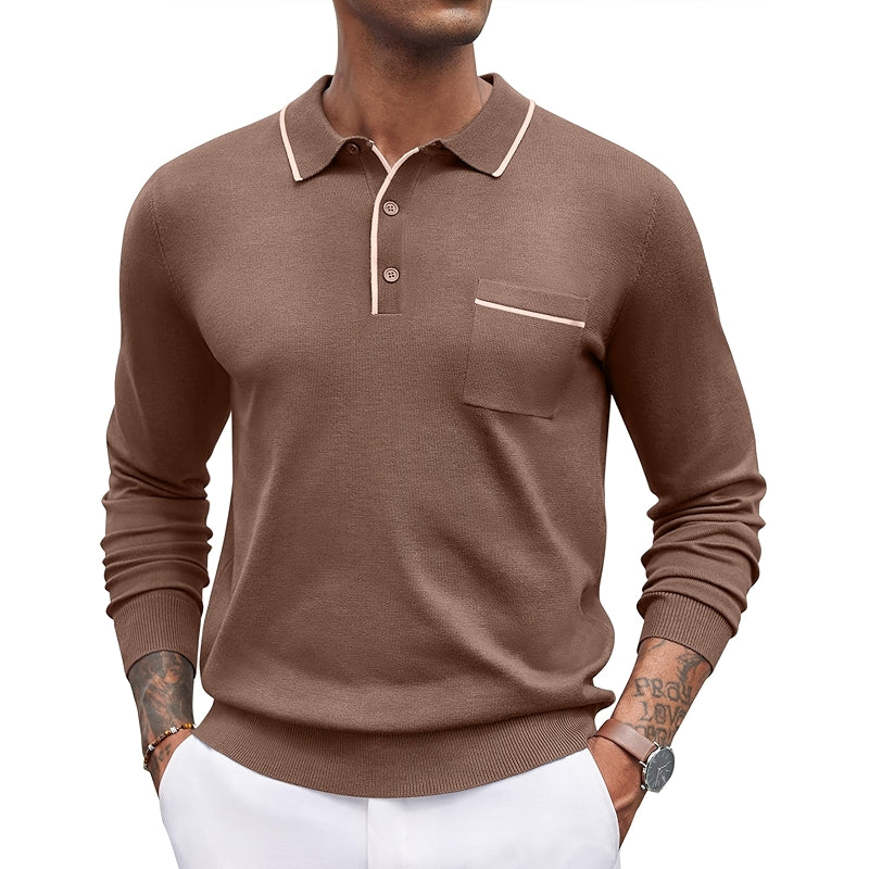 Knit Polo Long Sleeve Collared Sweater Casual Top With Pocket
