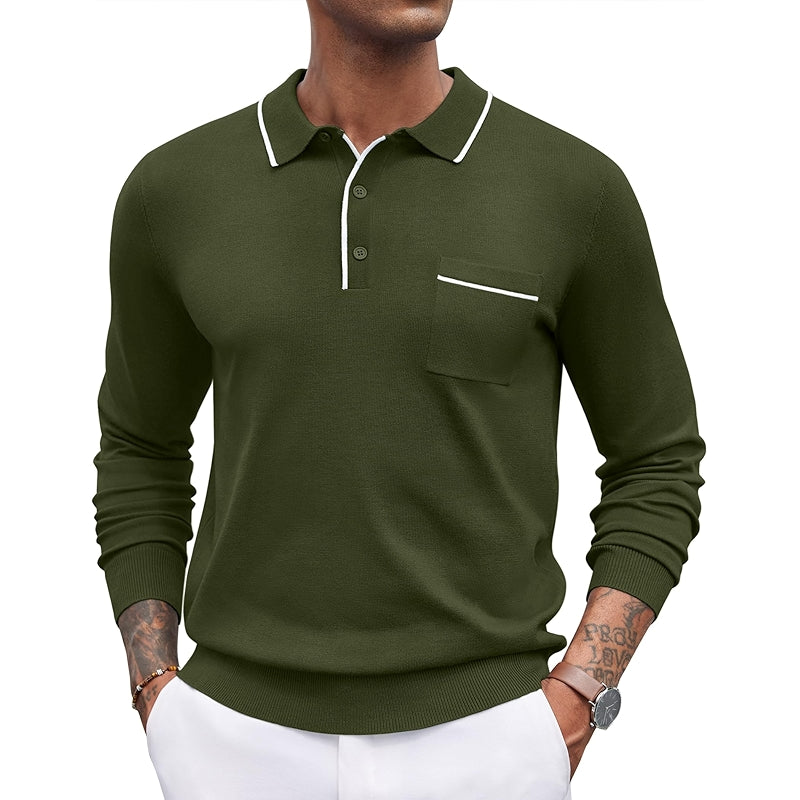 Knit Polo Long Sleeve Collared Sweater Casual Top With Pocket