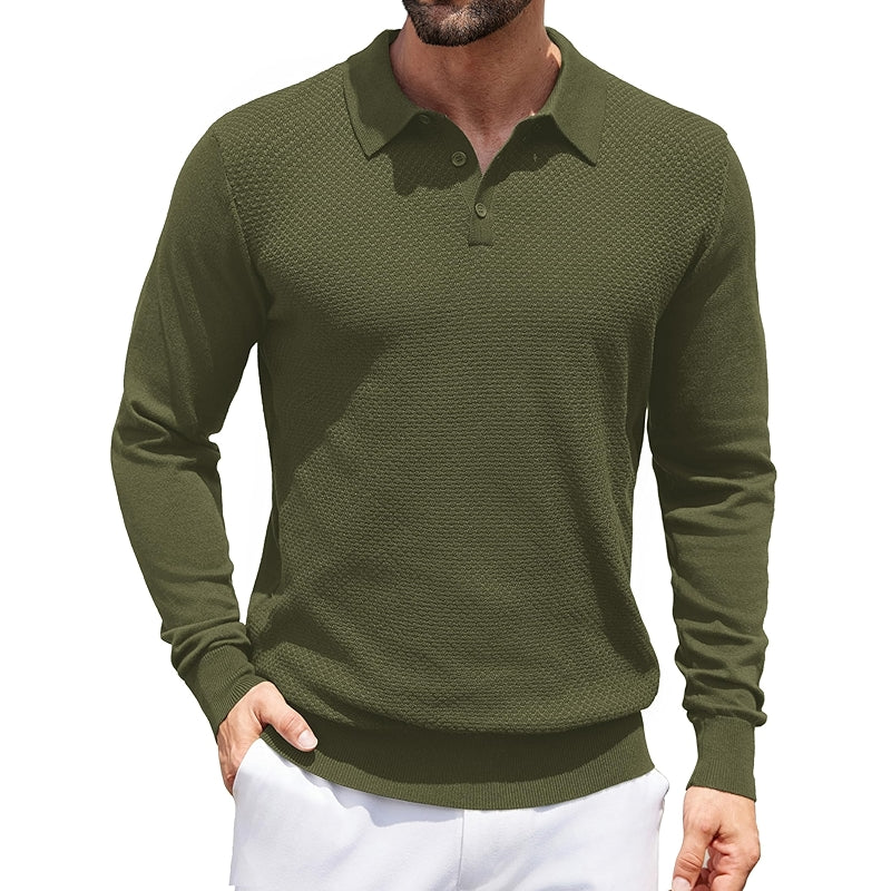 Knit Polo Sweater Long Sleeve Casual Collared Quarter Button