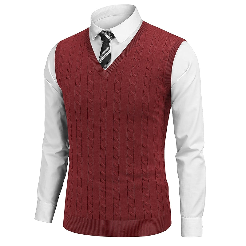 Sweater Vest V Neck Slim Fit Cable Knitted Sleeveless Pullover