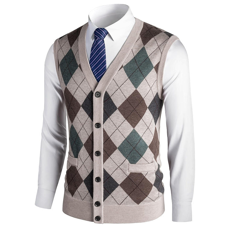 Thick Argyle Sweater Vest Classic V Neck Knitwear Sleeveless Pullover