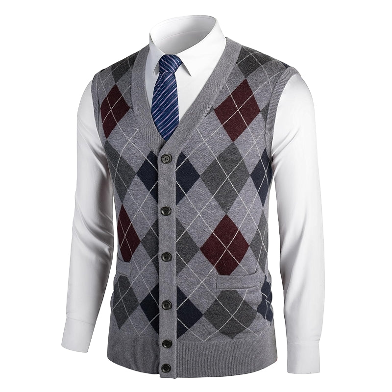 Thick Argyle Sweater Vest Classic V Neck Knitwear Sleeveless Pullover