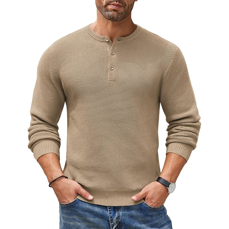 Henley Knit Sweater Long Sleeve Button Pullover Casual
