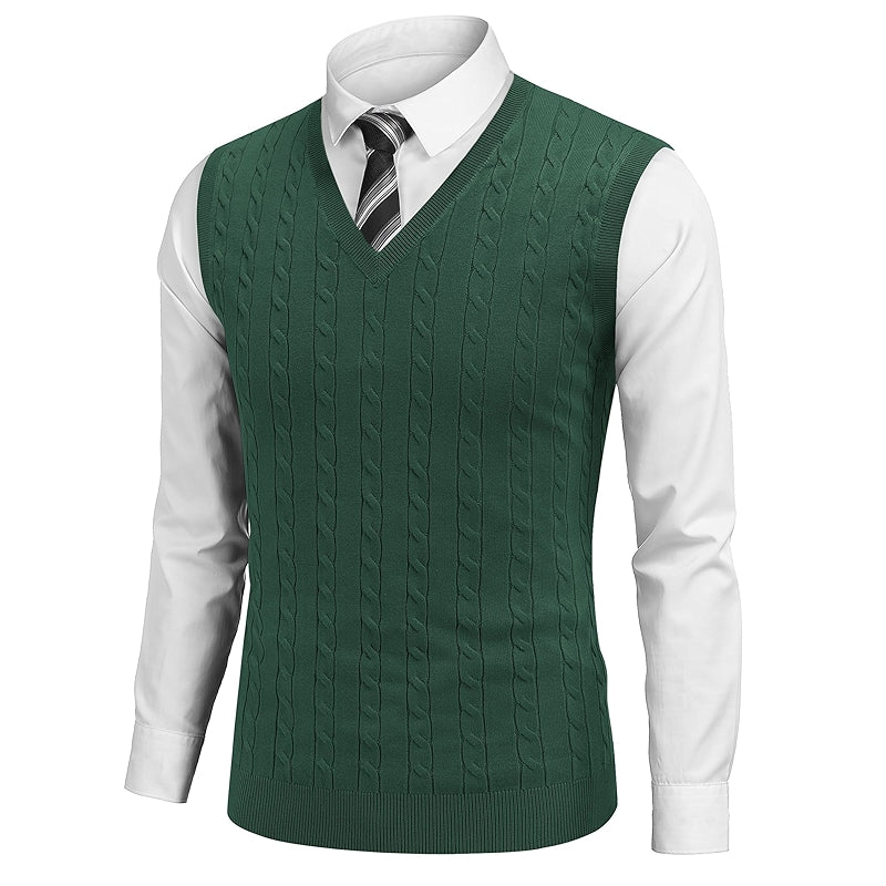 Sweater Vest V Neck Slim Fit Cable Knitted Sleeveless Pullover