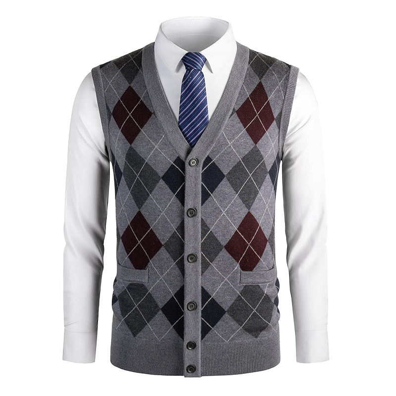 Thick Argyle Sweater Vest Classic V Neck Knitwear Sleeveless Pullover