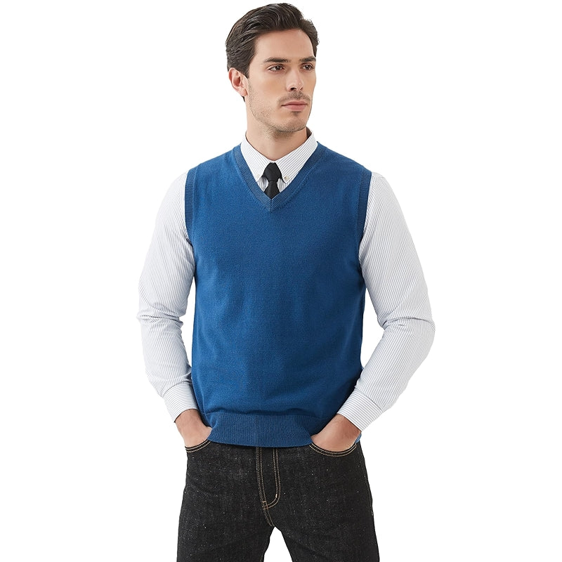 Pure Cotton Sweater Vest V Neck Regular Fit Knit Sleeveless Pullover