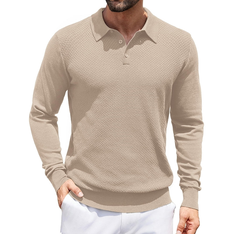 Knit Polo Sweater Long Sleeve Casual Collared Quarter Button