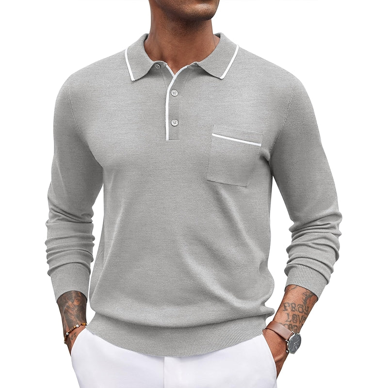 Knit Polo Long Sleeve Collared Sweater Casual Top With Pocket