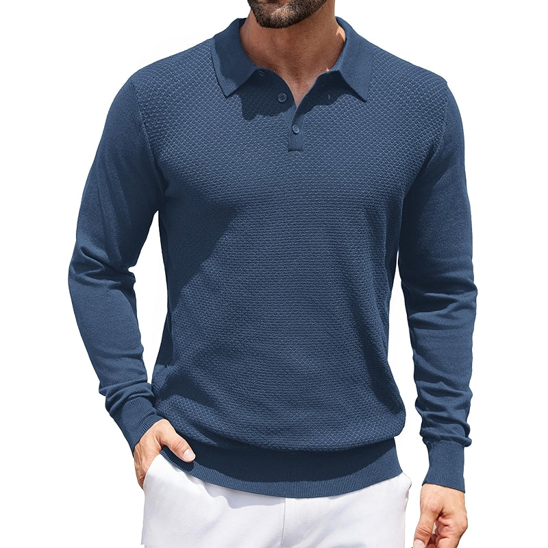 Knit Polo Sweater Long Sleeve Casual Collared Quarter Button