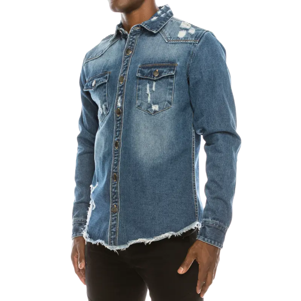 Distressed Denim Shirt – Heavyweight Button-Up with Pockets