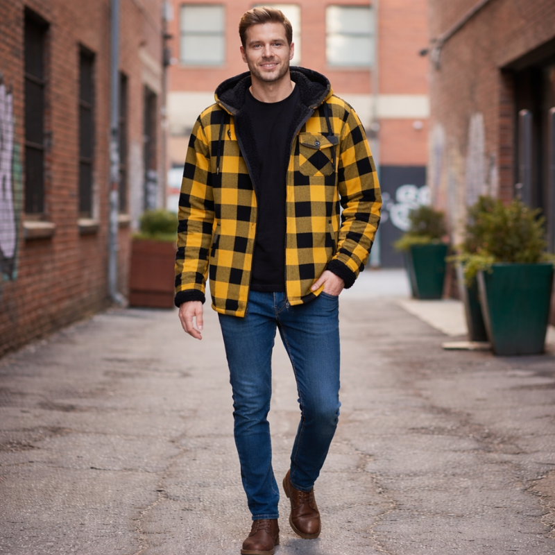 Plaid Flannel Jacket With Sherpa Lining And Fleece Interior For Men
